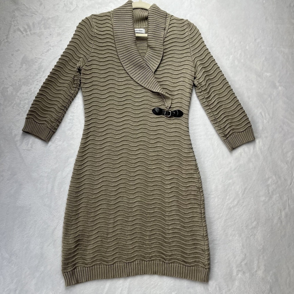 Calvin Klein Knee Length Sweater Dress Womens Small‎ Knit Belt Detail Fall